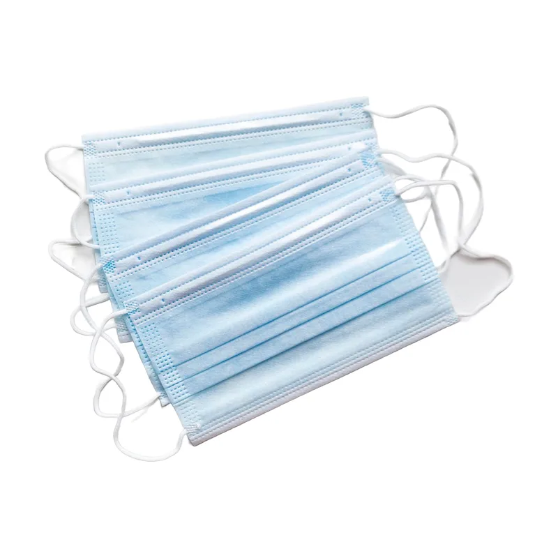 Three light-blue 3-ply disposable face masks with ear loops