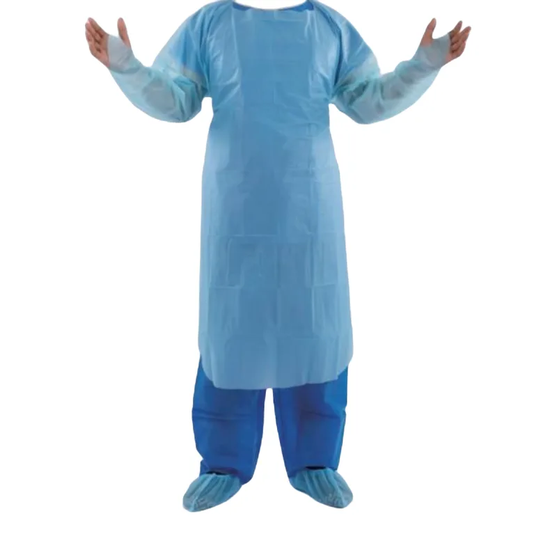 Light-blue CPE film gown with thumb loops, worn over blue trousers