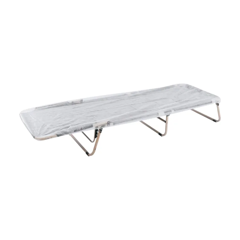 White disposable bed sheet fitted over a folding stretcher bed
