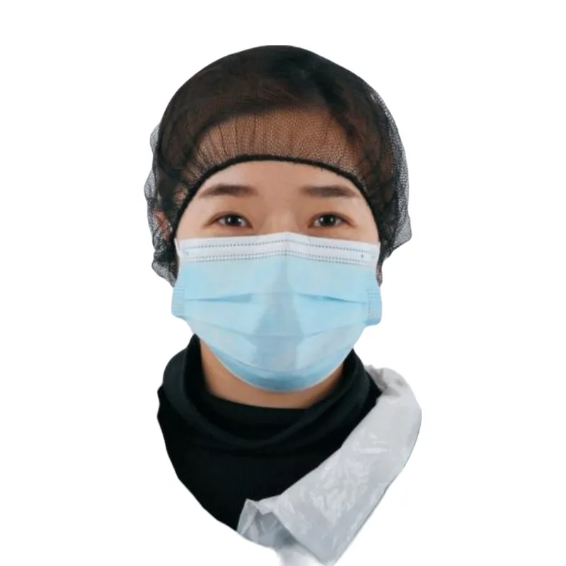 Black nylon mesh hairnet worn with a face mask