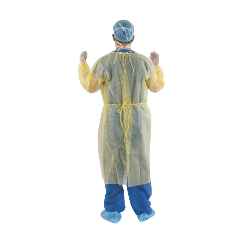 Yellow PE-coated isolation gown, back view showing the waist tie
