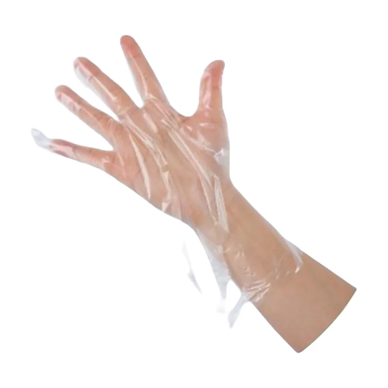 Clear PE/HDPE film glove on a hand and wrist