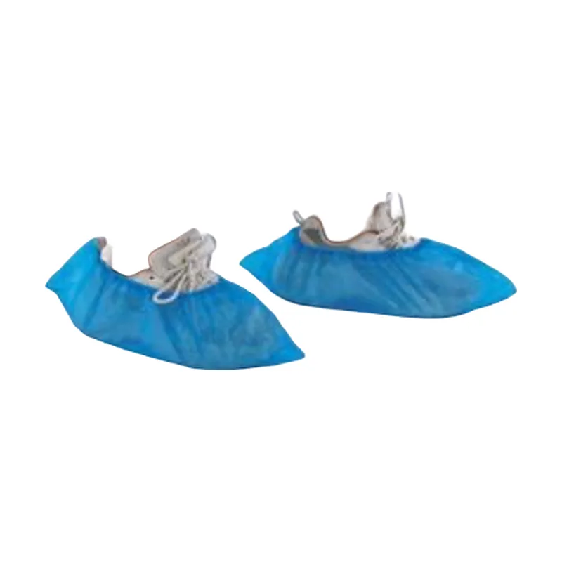 Pair of blue disposable shoe covers with elastic openings