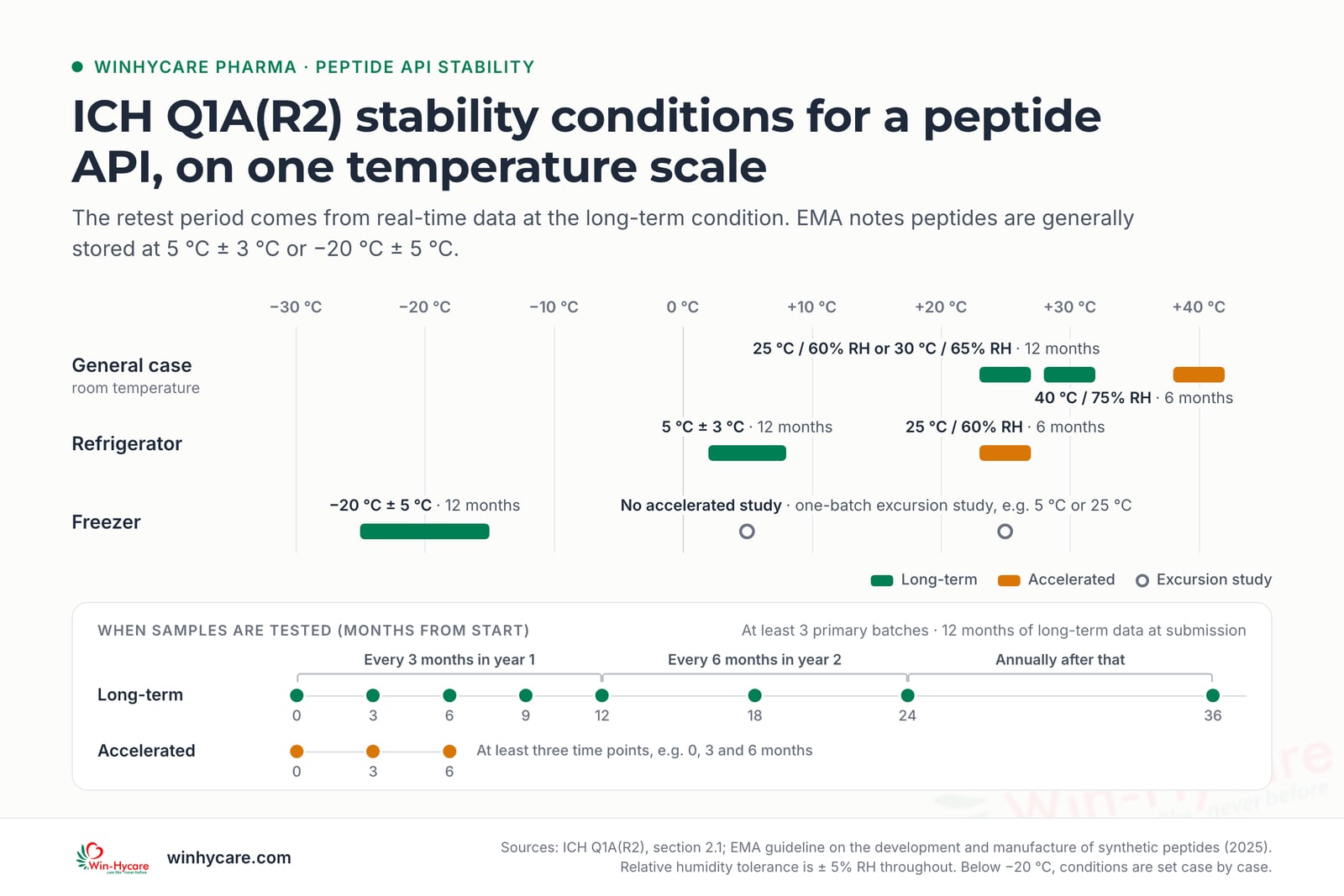 Chart of ICH Q1A(R2) stability conditions on one temperature scale: general case long-term 25 °C/60% RH or 30 °C/65% RH with accelerated 40 °C/75% RH for 6 months; refrigerator long-term 5 °C ± 3 °C with accelerated 25 °C/60% RH for 6 months; freezer long-term −20 °C ± 5 °C with no accelerated study, only a one-batch excursion study. Long-term samples are tested every 3 months in year one, every 6 months in year two and annually after that