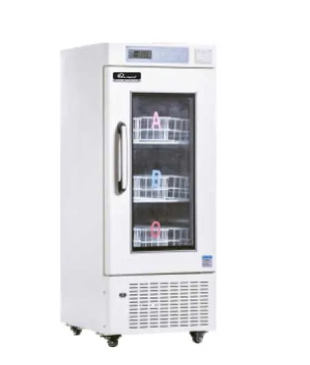 WinHyCare WBC-4V208 single-door blood bank refrigerator with blood-group labelled baskets behind a glass door