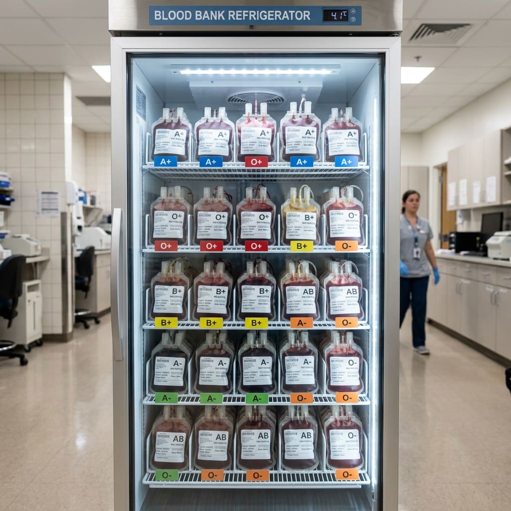 Blood bank refrigerators in a hospital blood bank