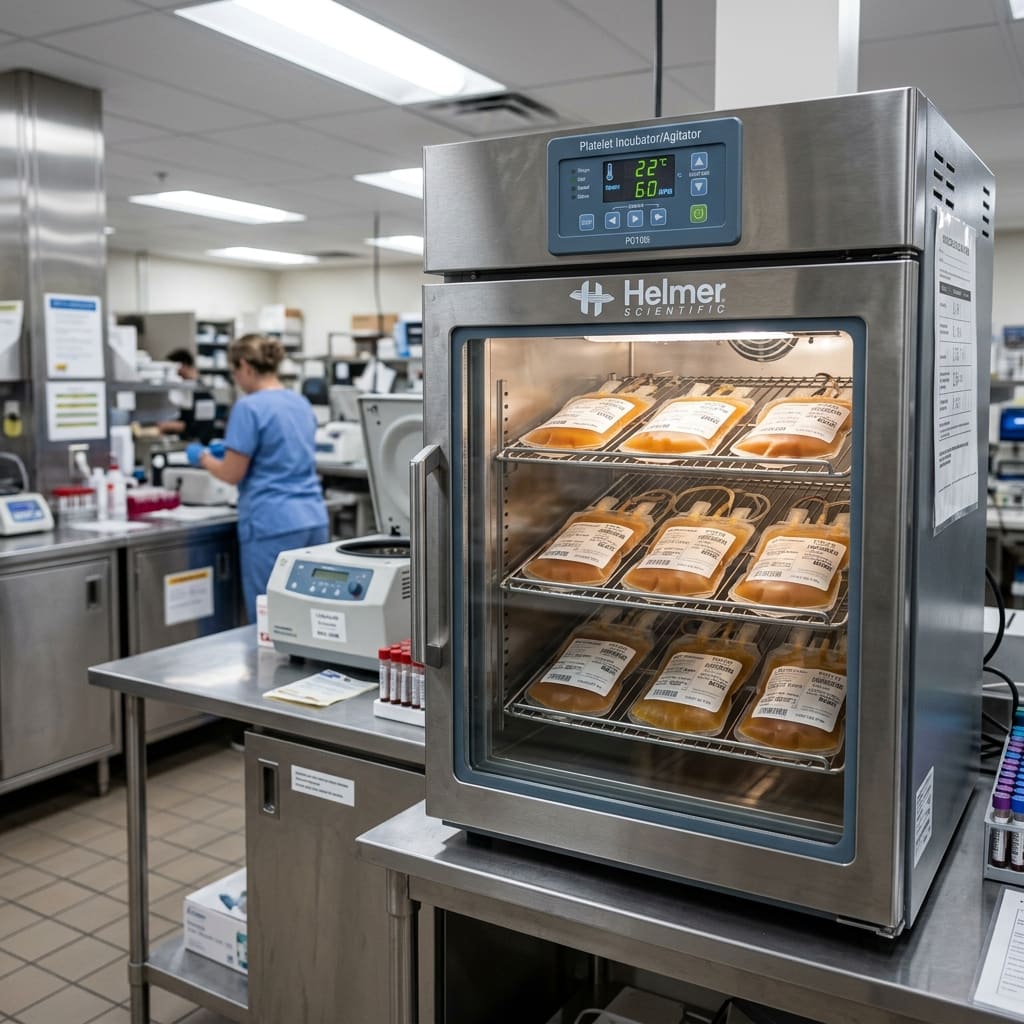 Blood platelet incubator in a blood bank facility