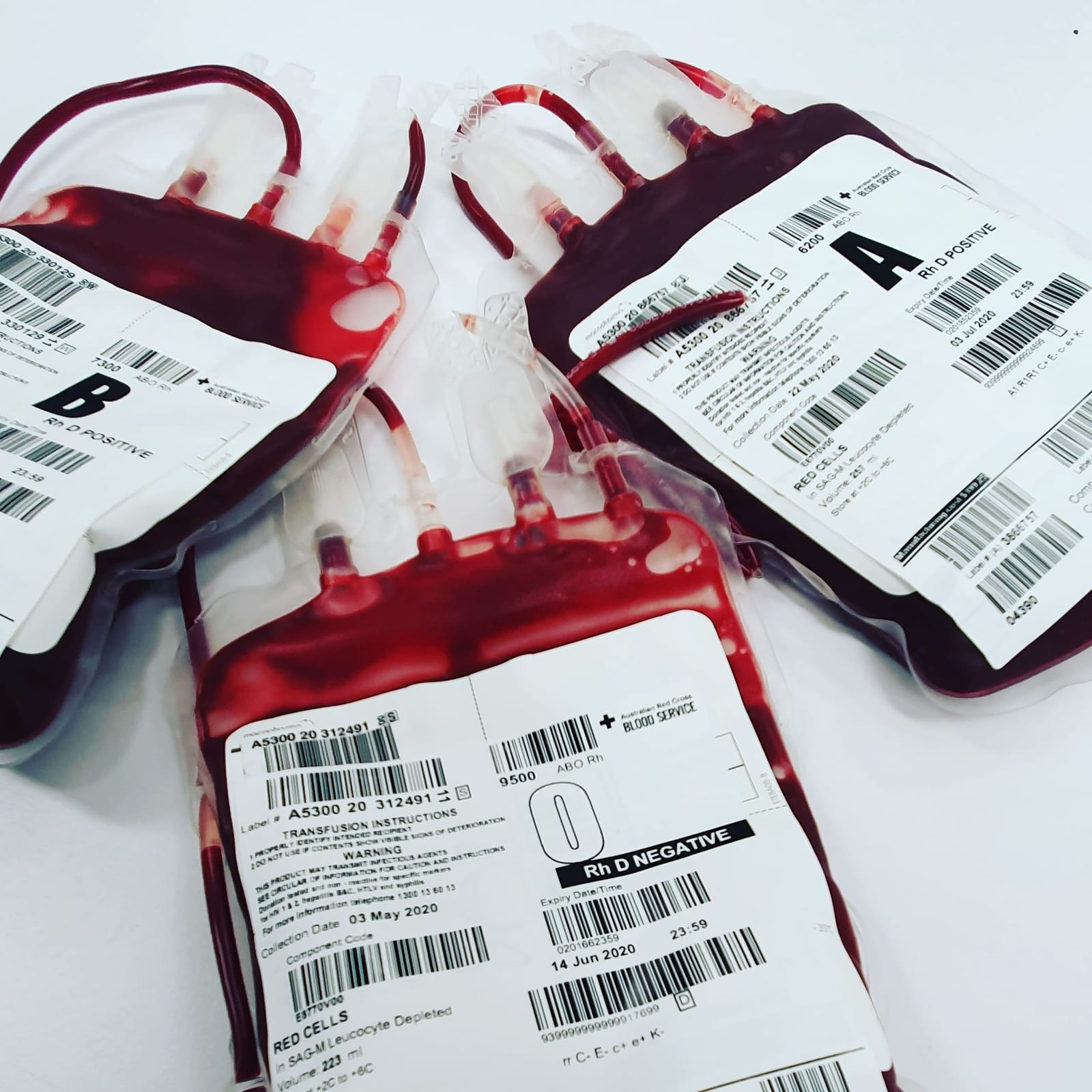 Barcoded red cell units labelled by blood group: B and A Rh D positive, O Rh D negative