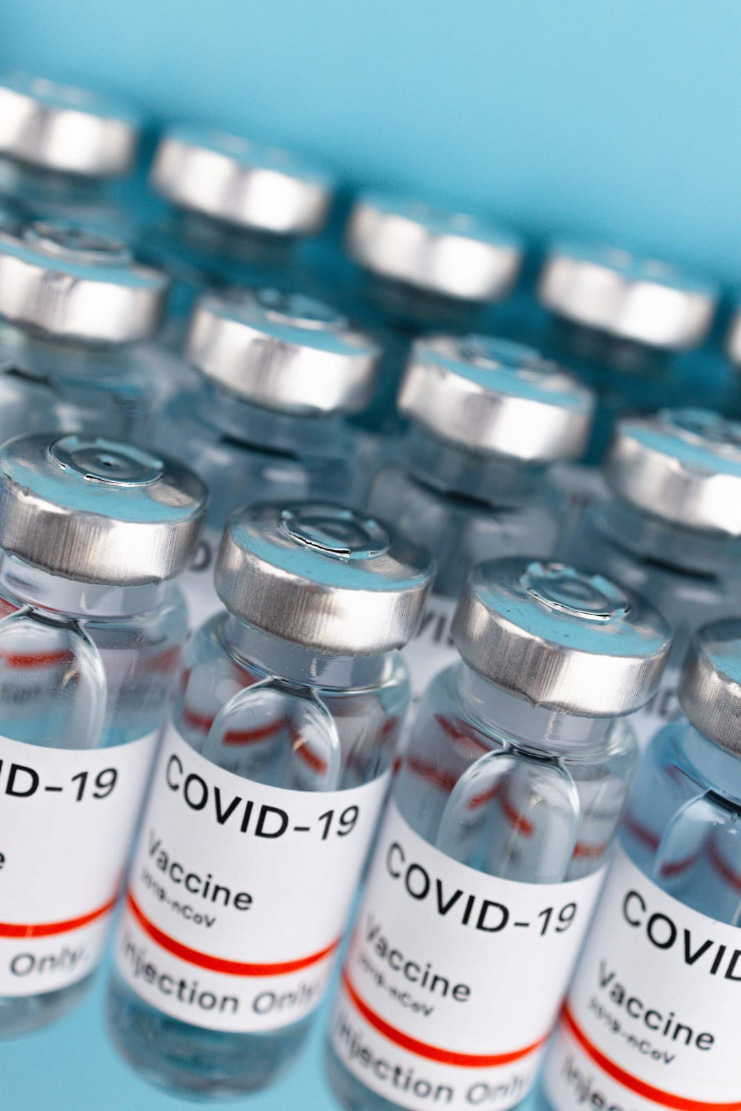 Rows of capped glass vaccine vials labelled COVID-19 vaccine